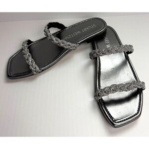 Stuart Weitzman Addison Pewter Braided Crystal Flat Slide Sandals Sz 7.5